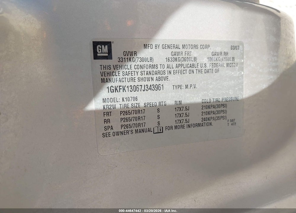 2007 GMC YUKON SLT VIN: 1GKFK13067J343961