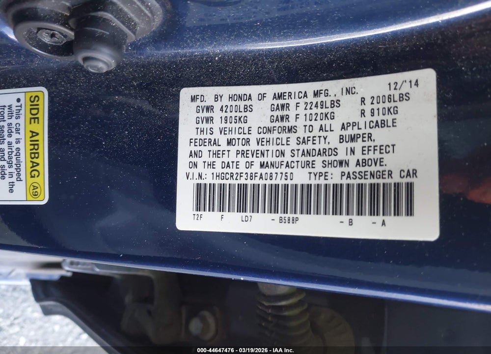 2015 HONDA ACCORD LX VIN: 1HGCR2F38FA087750