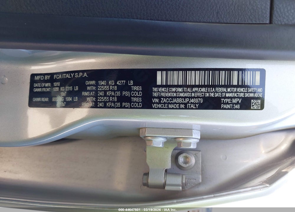 2018 JEEP RENEGADE ALTITUDE FWD VIN: ZACCJABB3JPJ46979