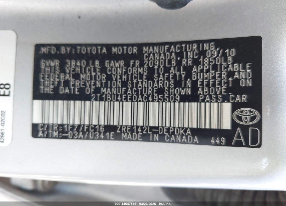 2010 TOYOTA COROLLA LE VIN: 2T1BU4EE0AC495509