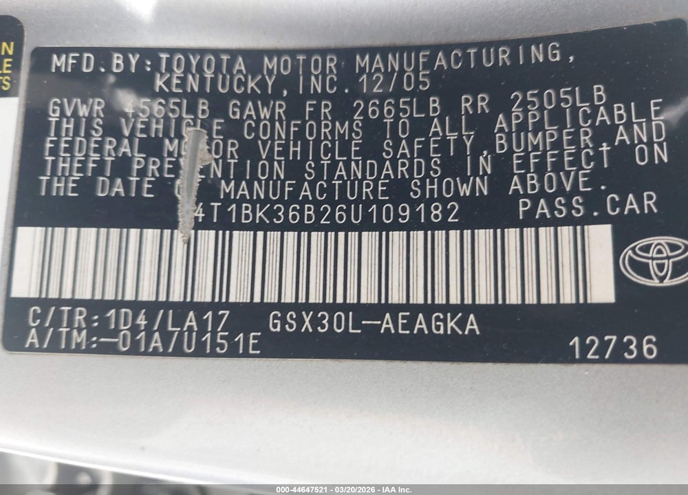 2006 TOYOTA AVALON XLS VIN: 4T1BK36B26U109182