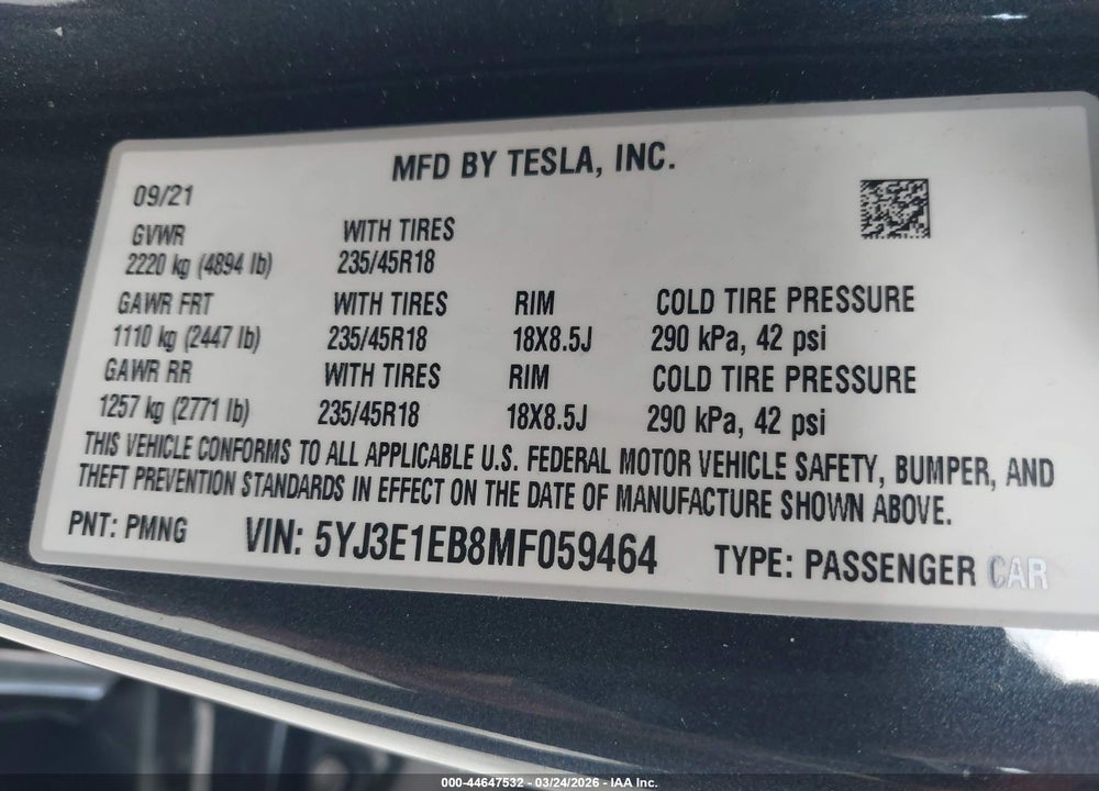 2021 TESLA MODEL 3 LONG RANGE DUAL MOTOR ALL-WHEEL DRIVE VIN: 5YJ3E1EB8MF059464