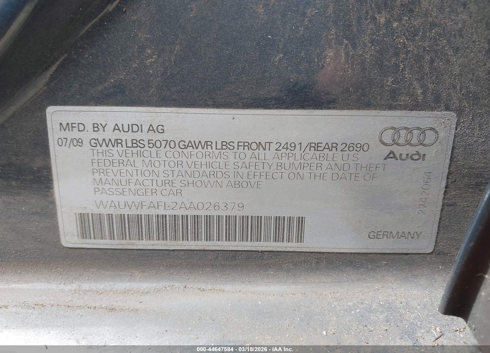 2010 AUDI A4 2.0T PREMIUM VIN: WAUWFAFL2AA026379