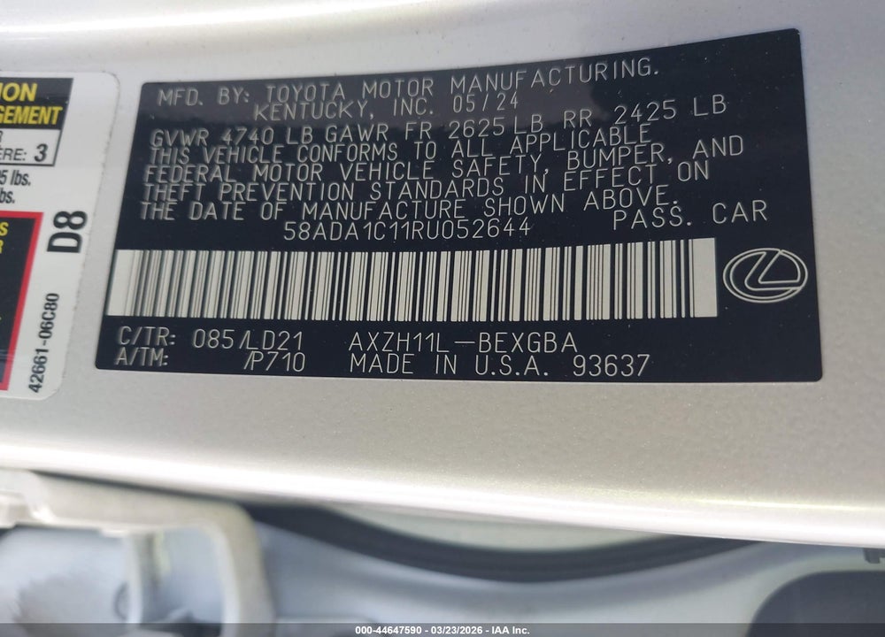 2024 LEXUS ES 300H VIN: 58ADA1C11RU052644