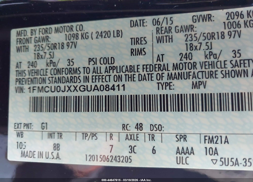 2016 FORD ESCAPE TITANIUM VIN: 1FMCU0JXXGUA08411