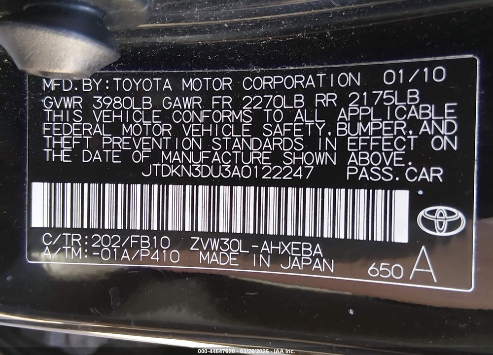 2010 TOYOTA PRIUS II VIN: JTDKN3DU3A0122247