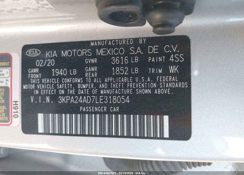 2020 KIA RIO S VIN: 3KPA24AD7LE318054