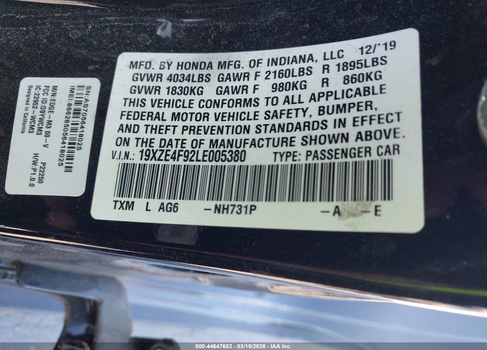 2020 HONDA INSIGHT TOURING VIN: 19XZE4F92LE005380