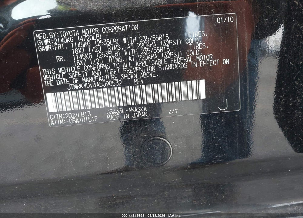 2010 TOYOTA RAV4 SPORT V6 VIN: JTMRK4DV4A5090532
