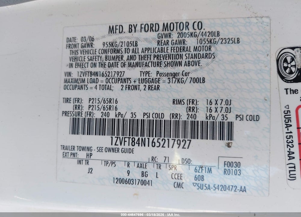 2006 FORD MUSTANG V6 VIN: 1ZVFT84N165217927
