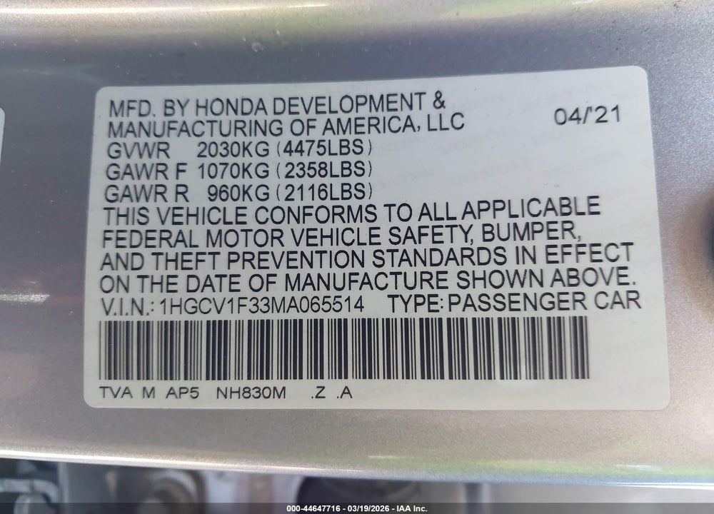 2021 HONDA ACCORD SPORT VIN: 1HGCV1F33MA065514