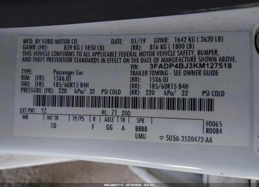2019 FORD FIESTA SE VIN: 3FADP4BJ3KM127518