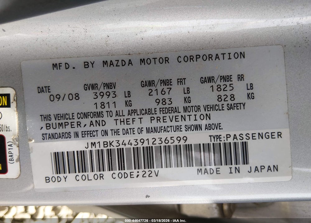 2009 MAZDA 3 S TOURING VIN: JM1BK344391236599