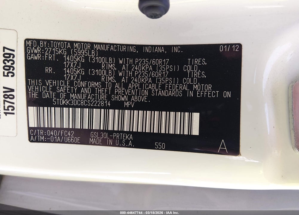 2012 TOYOTA SIENNA LE V6 8 PASSENGER VIN: 5TDKK3DC8CS222814
