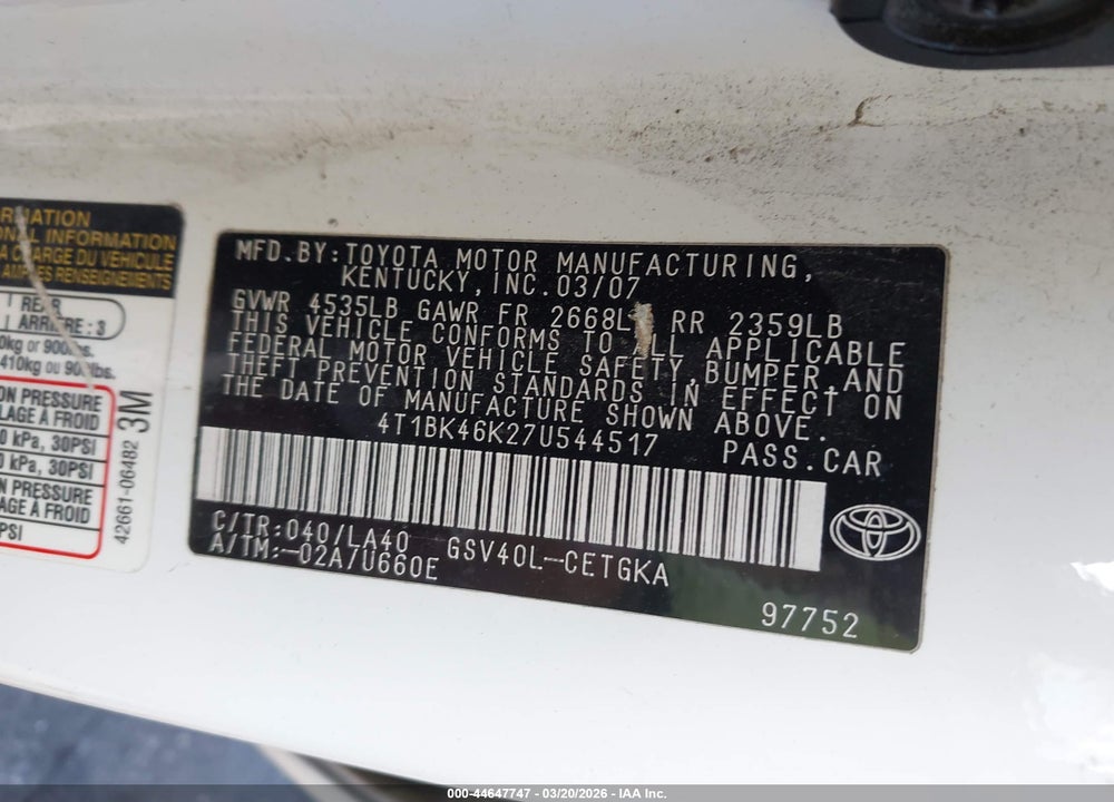 2007 TOYOTA CAMRY XLE V6 VIN: 4T1BK46K27U544517