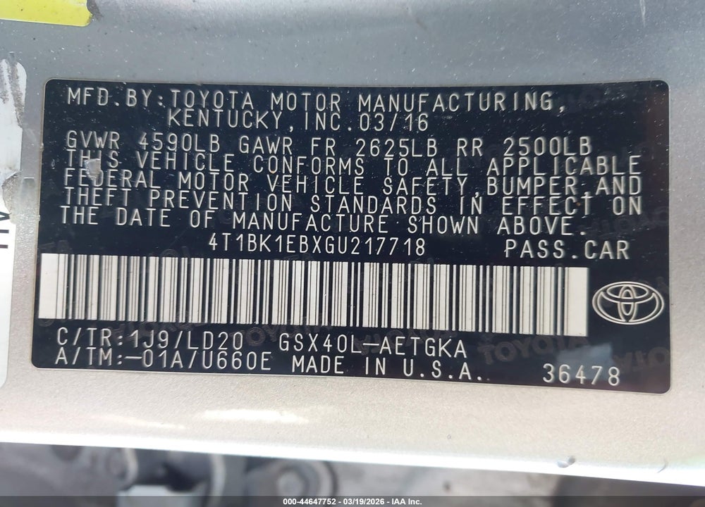 2016 TOYOTA AVALON XLE VIN: 4T1BK1EBXGU217718