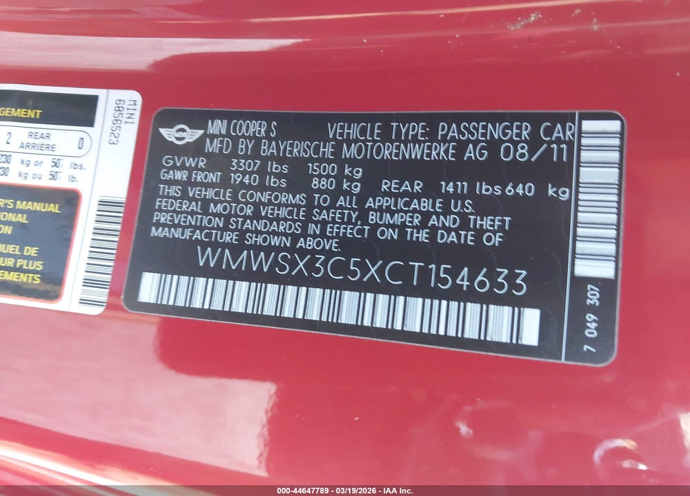 2012 MINI COOPER S VIN: WMWSX3C5XCT154633