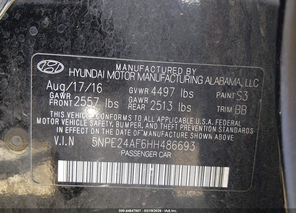 2017 HYUNDAI SONATA SE VIN: 5NPE24AF6HH486693