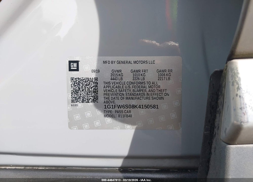 2019 CHEVROLET BOLT EV LT VIN: 1G1FW6S08K4150581
