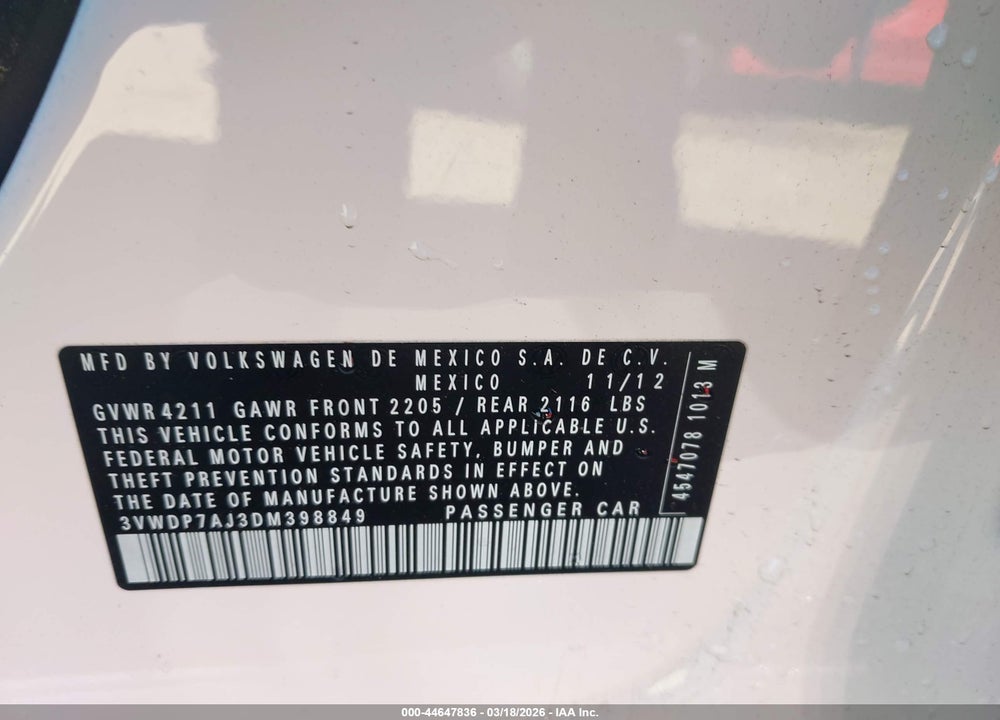 2013 VOLKSWAGEN JETTA SE VIN: 3VWDP7AJ3DM398849