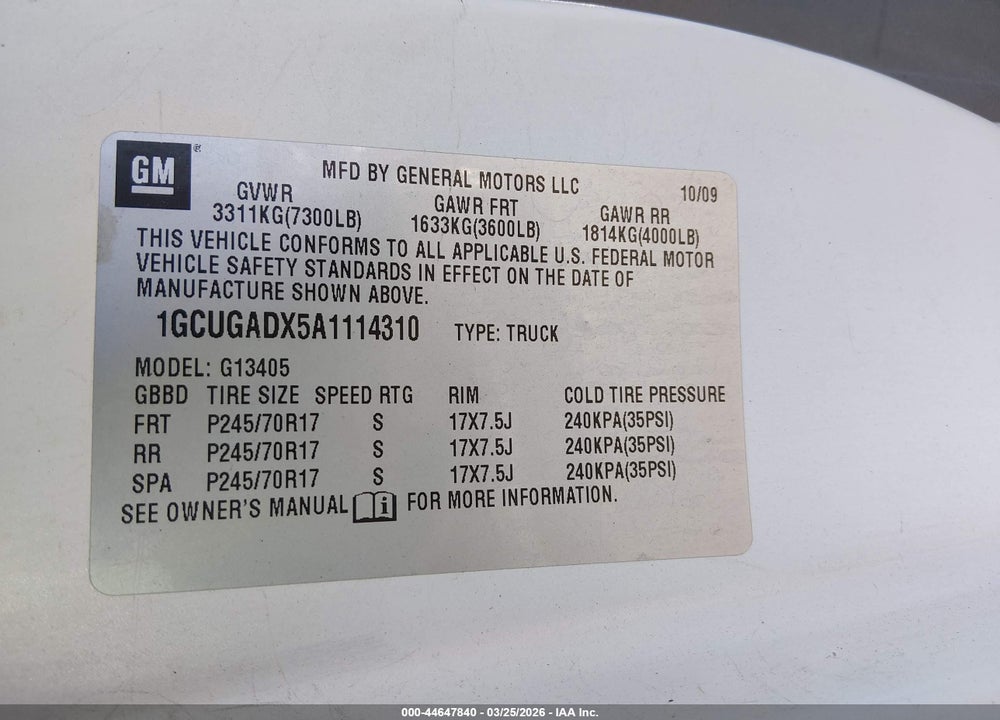 2010 CHEVROLET EXPRESS 1500 WORK VAN VIN: 1GCUGADX5A1114310