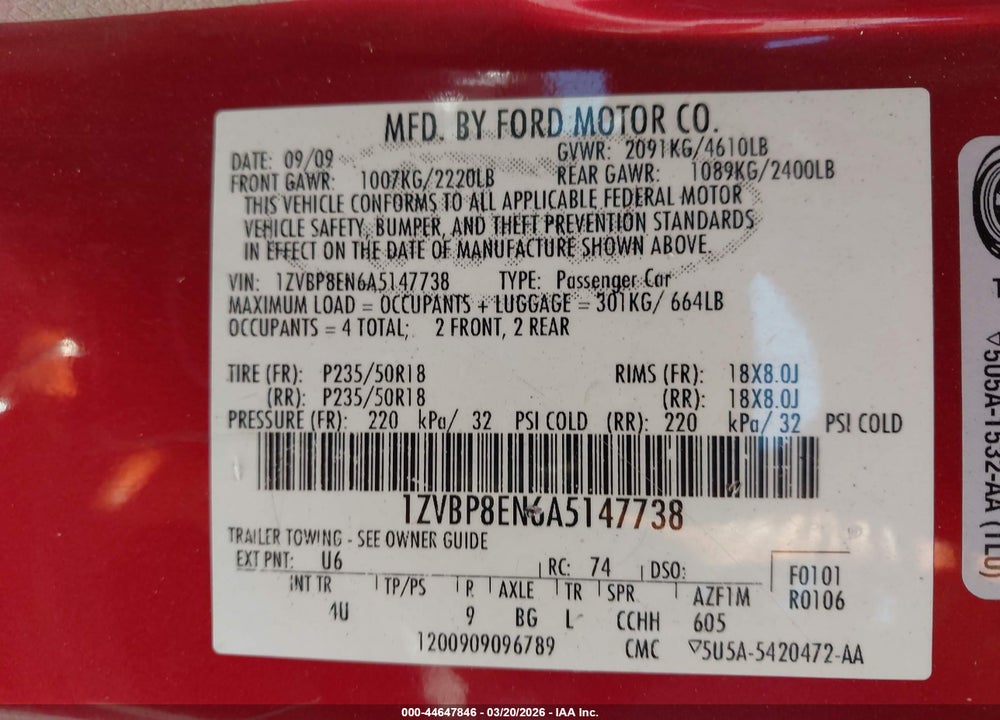 2010 FORD MUSTANG V6/V6 PREMIUM VIN: 1ZVBP8EN6A5147738