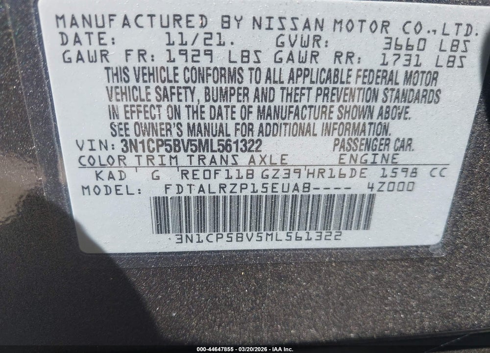 2021 NISSAN KICKS S XTRONIC CVT VIN: 3N1CP5BV5ML561322