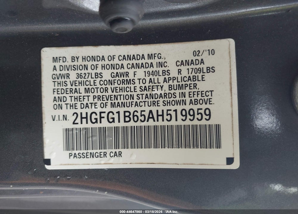 2010 HONDA CIVIC LX VIN: 2HGFG1B65AH519959
