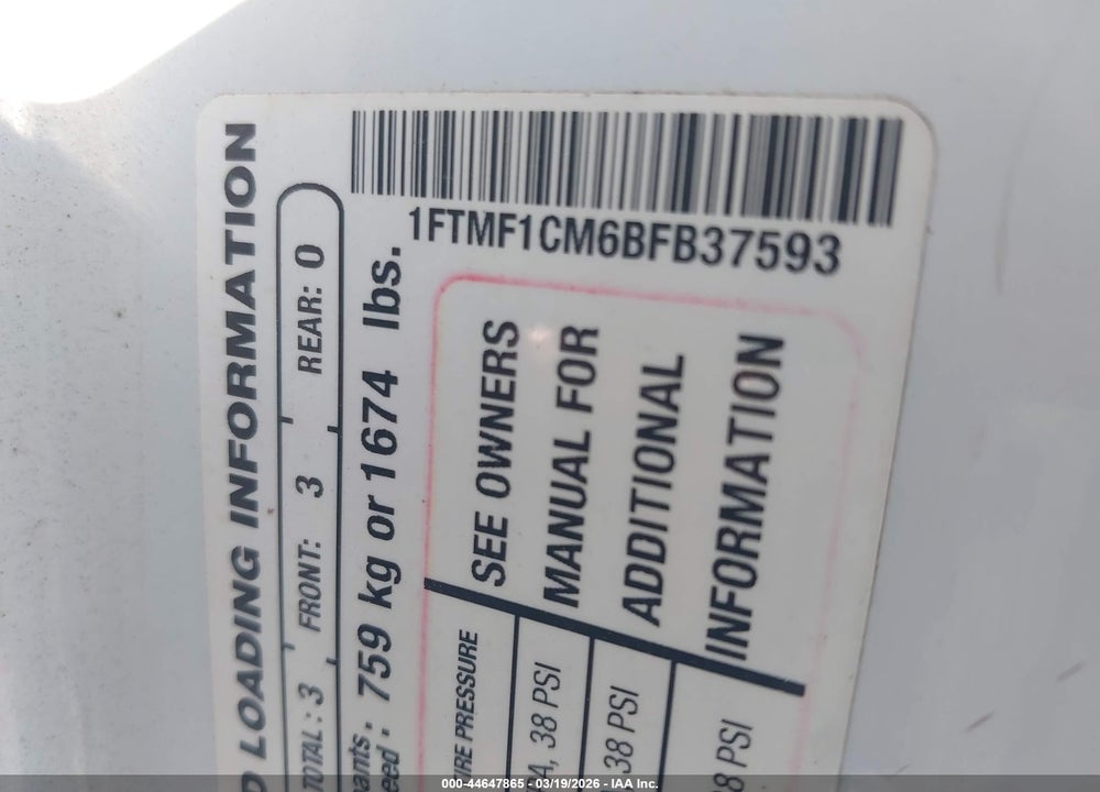 2011 FORD F-150 XL VIN: 1FTMF1CM6BFB37593
