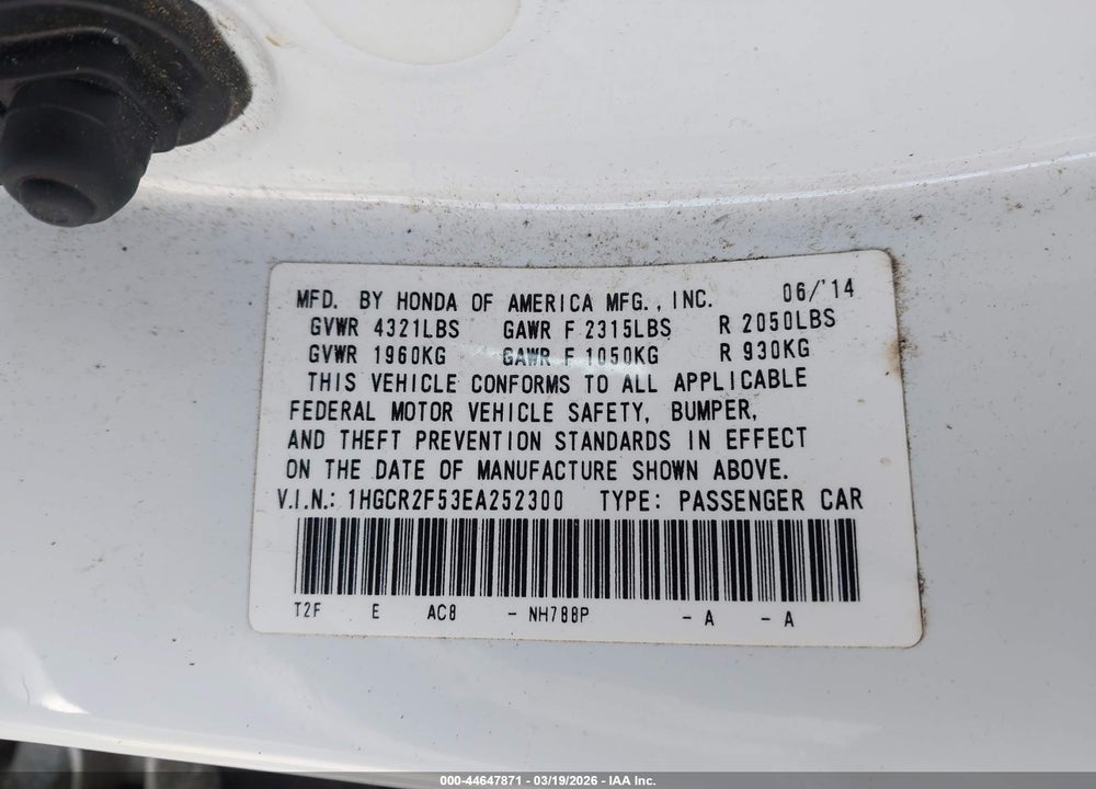2014 HONDA ACCORD SPORT VIN: 1HGCR2F53EA252300