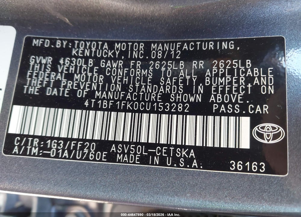 2012 TOYOTA CAMRY SE VIN: 4T1BF1FK0CU153282