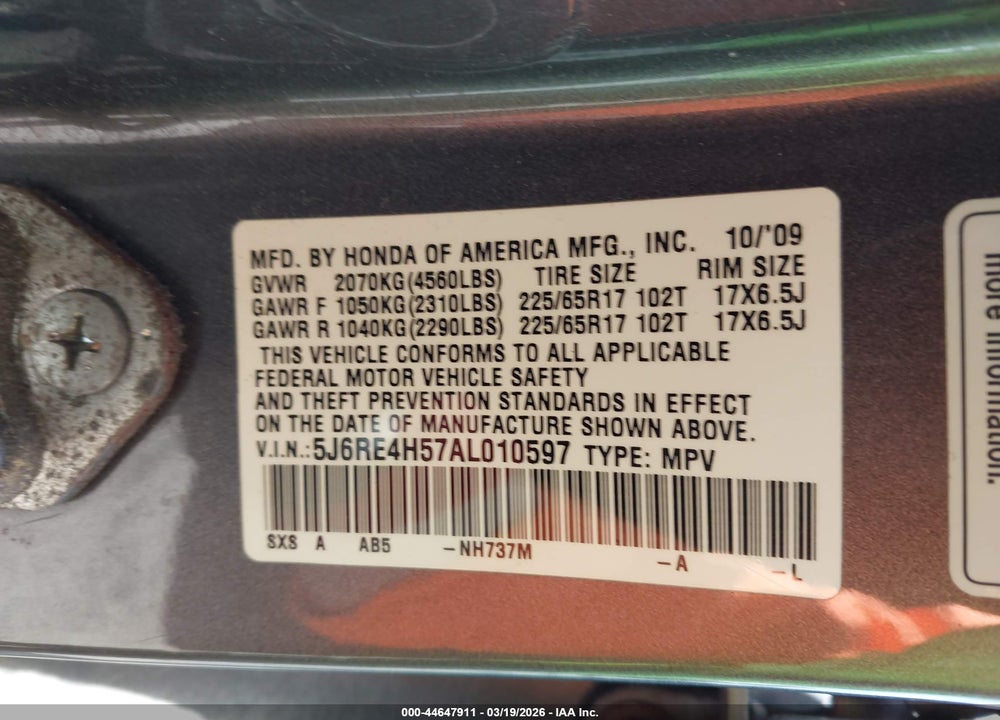 2010 HONDA CR-V EX VIN: 5J6RE4H57AL010597