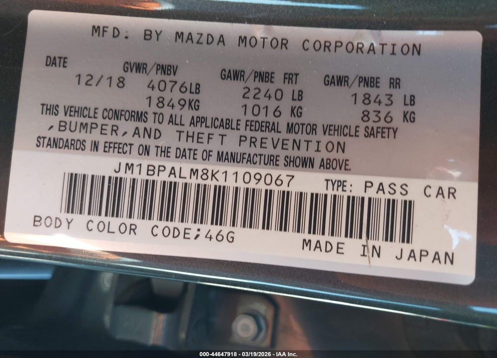 2019 MAZDA 3 VIN: JM1BPALM8K1109067