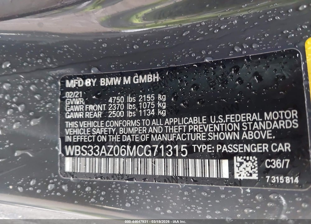 2021 BMW M4 COMPETITION VIN: WBS33AZ06MCG71315