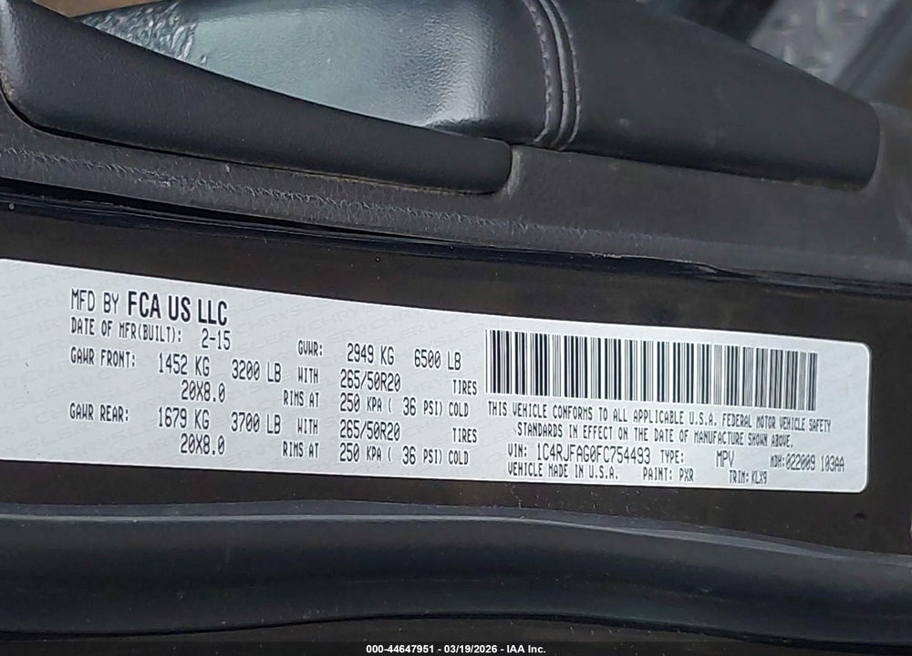 2015 JEEP GRAND CHEROKEE ALTITUDE VIN: 1C4RJFAG0FC754493