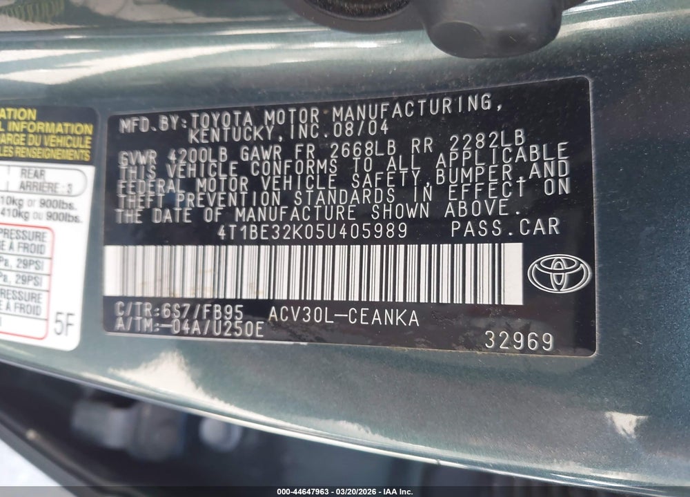 2005 TOYOTA CAMRY LE VIN: 4T1BE32K05U405989