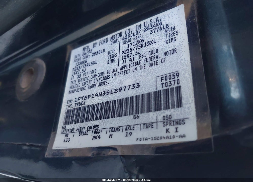 1995 FORD F150 VIN: 1FTEF14N3SLB97733