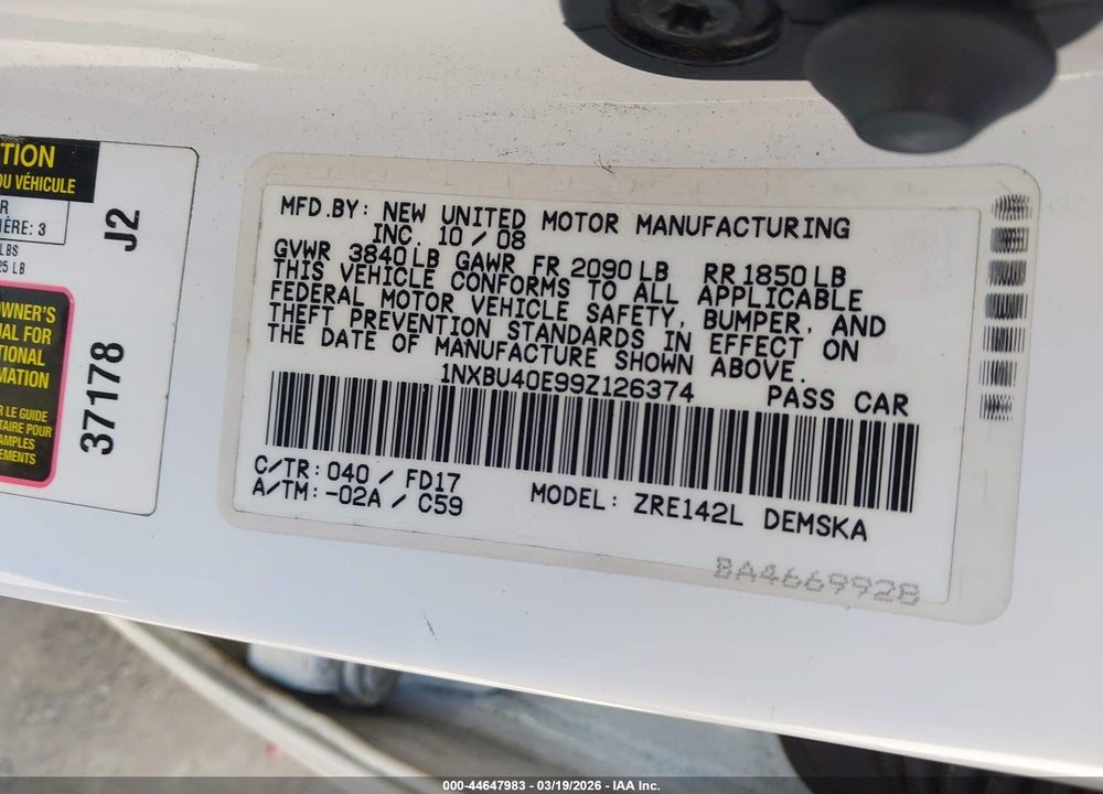 2009 TOYOTA COROLLA S VIN: 1NXBU40E99Z126374