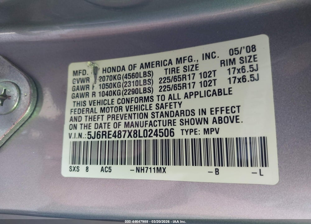 2008 HONDA CR-V EX-L VIN: 5J6RE487X8L024506