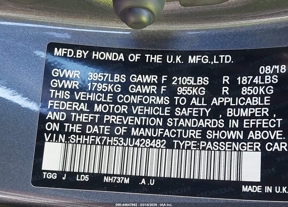 2018 HONDA CIVIC EX VIN: SHHFK7H53JU428482