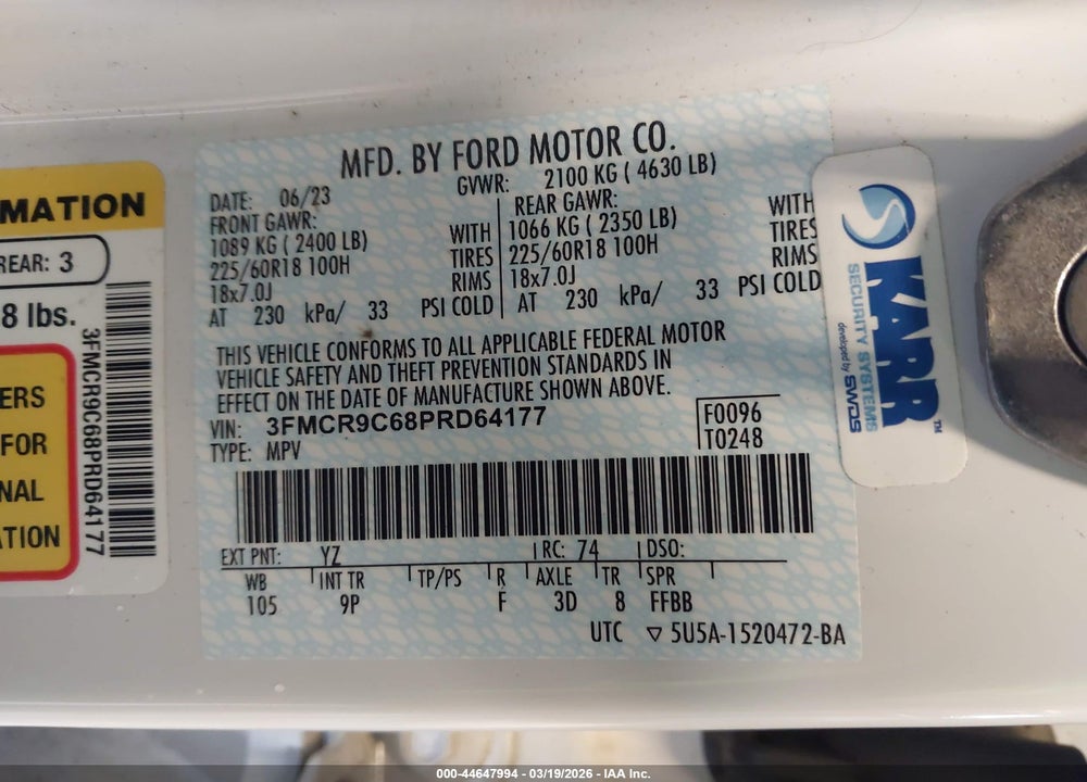 2023 FORD BRONCO SPORT OUTER BANKS VIN: 3FMCR9C68PRD64177