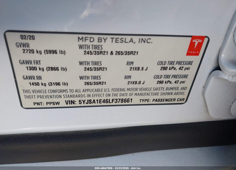 2020 TESLA MODEL S PERFORMANCE DUAL MOTOR ALL-WHEEL DRIVE VIN: 5YJSA1E46LF378661