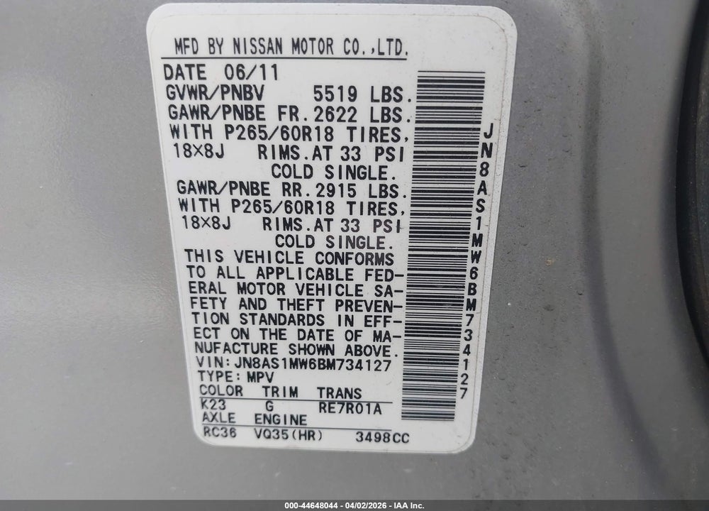 2011 INFINITI FX35 VIN: JN8AS1MW6BM734127