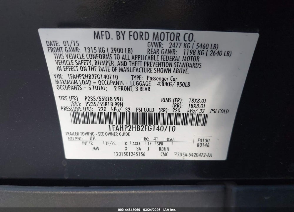 2015 FORD TAURUS SEL VIN: 1FAHP2H82FG140710