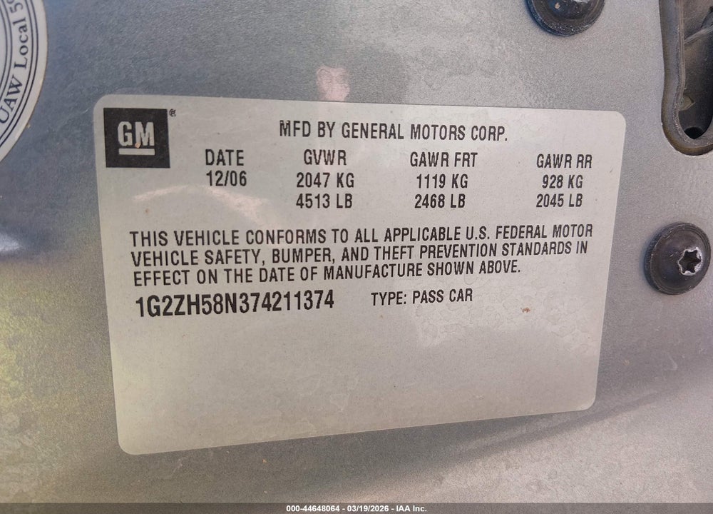 2007 PONTIAC G6 GT VIN: 1G2ZH58N374211374
