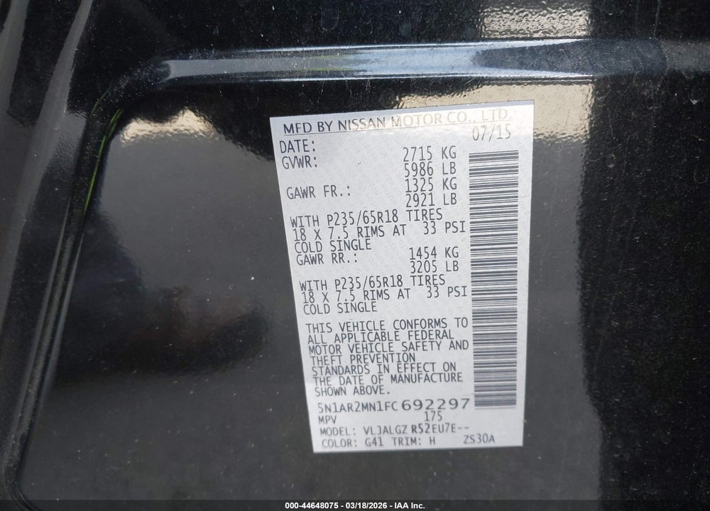 2015 NISSAN PATHFINDER SL VIN: 5N1AR2MN1FC692297