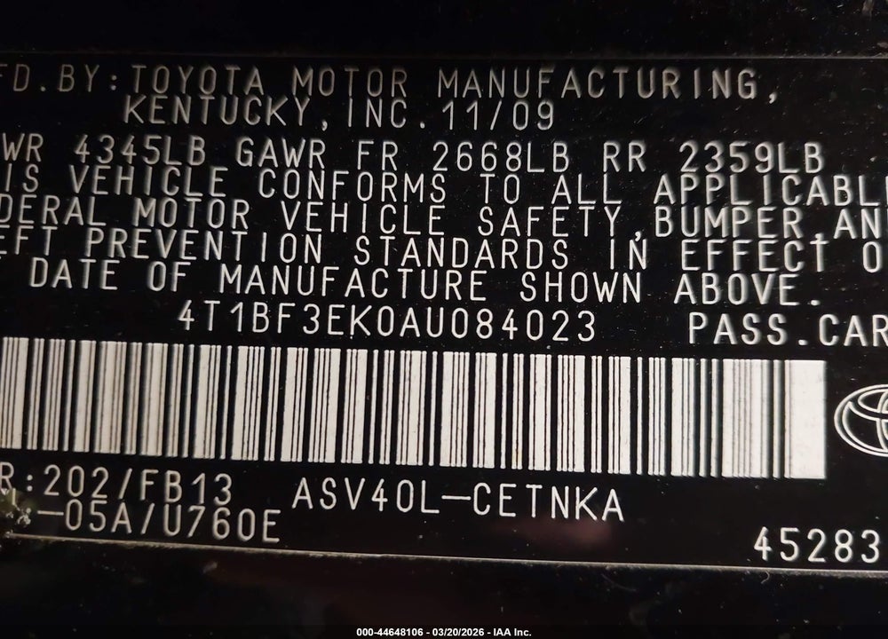 2010 TOYOTA CAMRY LE VIN: 4T1BF3EK0AU084023