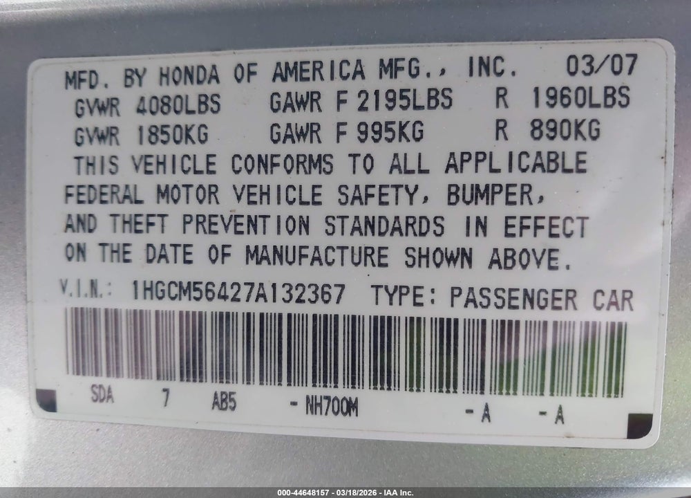 2007 HONDA ACCORD 2.4 LX VIN: 1HGCM56427A132367