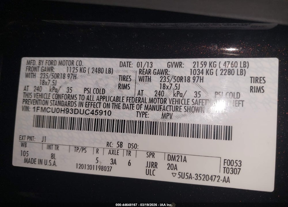 2013 FORD ESCAPE SEL VIN: 1FMCU0H93DUC45910