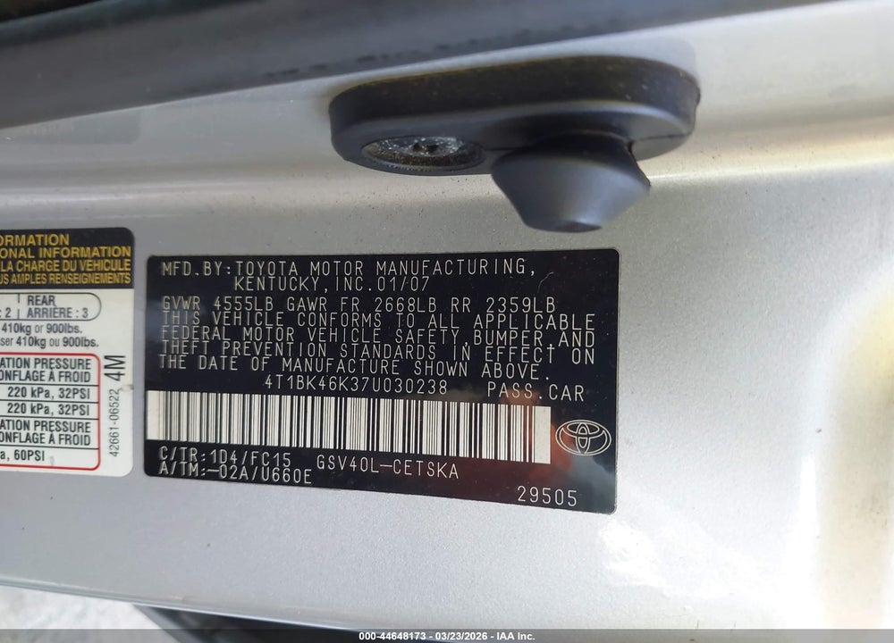 2007 TOYOTA CAMRY SE V6 VIN: 4T1BK46K37U030238